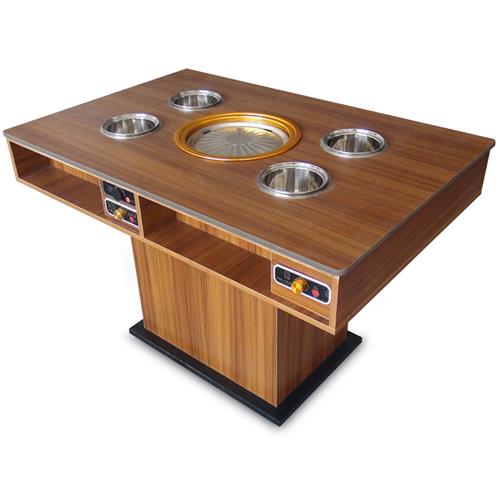 自助無煙烤肉火鍋一體桌_韓式烤涮一體實木火鍋